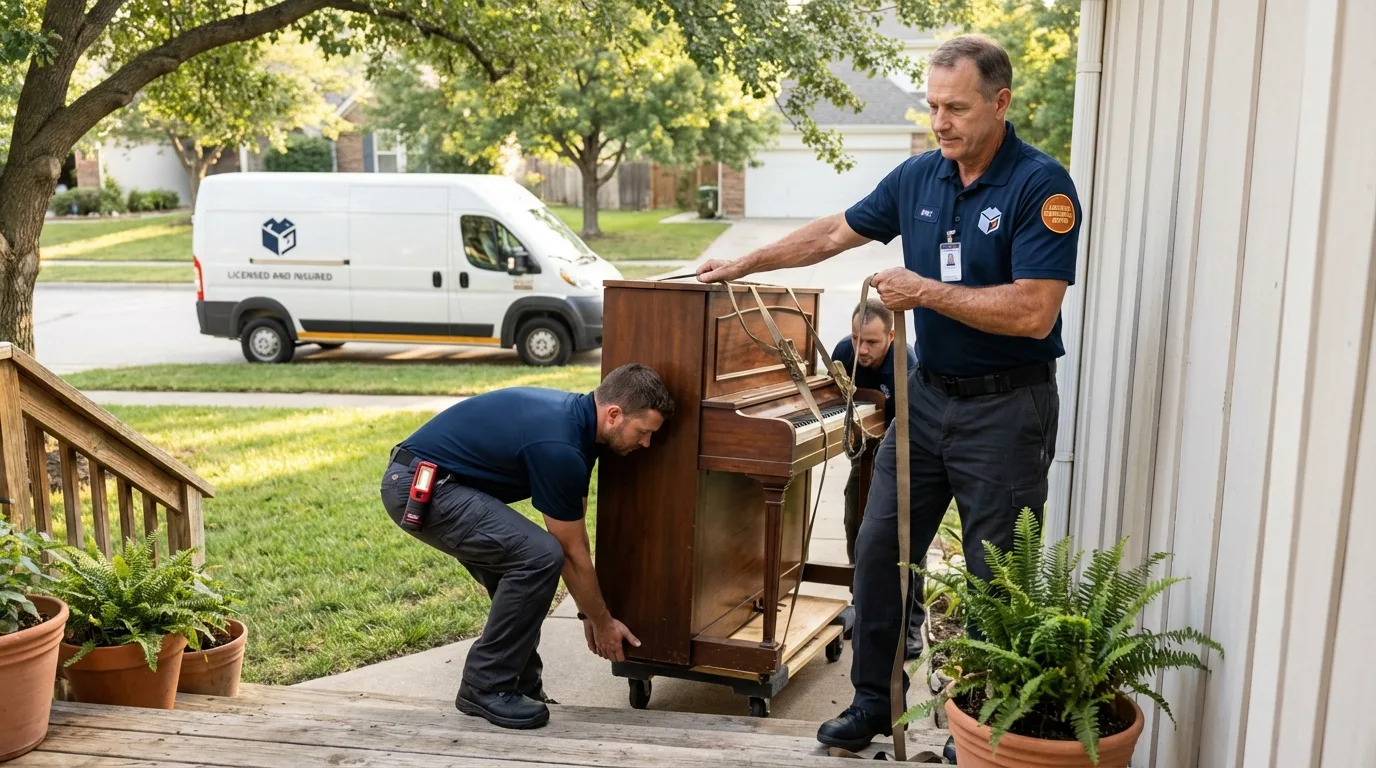 Licensed piano movers securing grand piano in Goffstown, NH