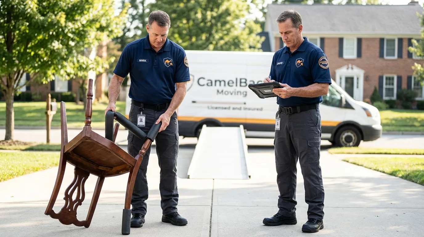 Movers inspecting furniture for damage prevention before loading in Goffstown, NH