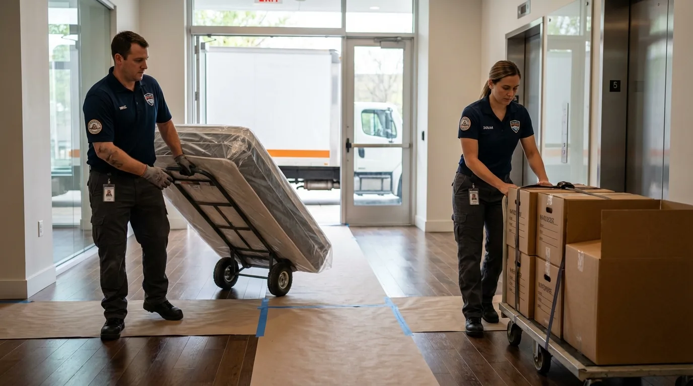 Professional apartment movers loading elevator in Goffstown, NH