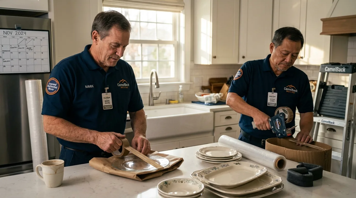 Professional crew packing kitchen dishware in Goffstown, NH